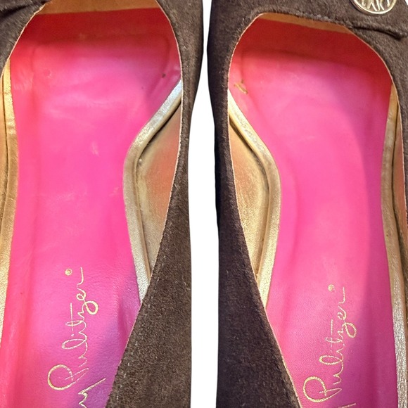 Lilly Pulitzer Wedge Heels Brown Suede Peep Toe Resort Chic Work Womens Size 6 - Picture 5 of 6